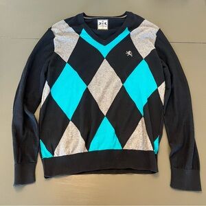 Express V-Neck Argyle Sweater - Black, Gray, and Blue